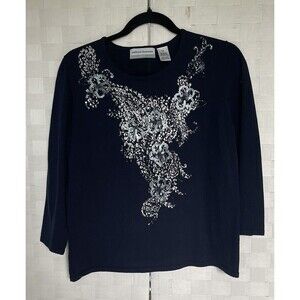 Alfred Dunner Women’s 3/4 Sleeve Embellished Sweater Blue Size Petite Medium